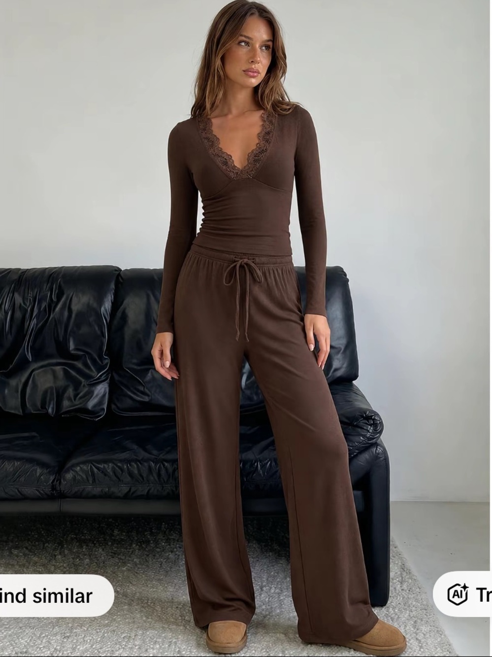 COMMENSE 2-Piece Lace Trim V-Neck Top, & Drawstring Pants